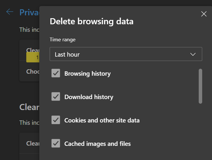 Delete browsing data check boxes