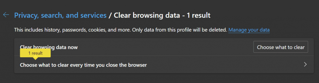 Clear browsing data search result