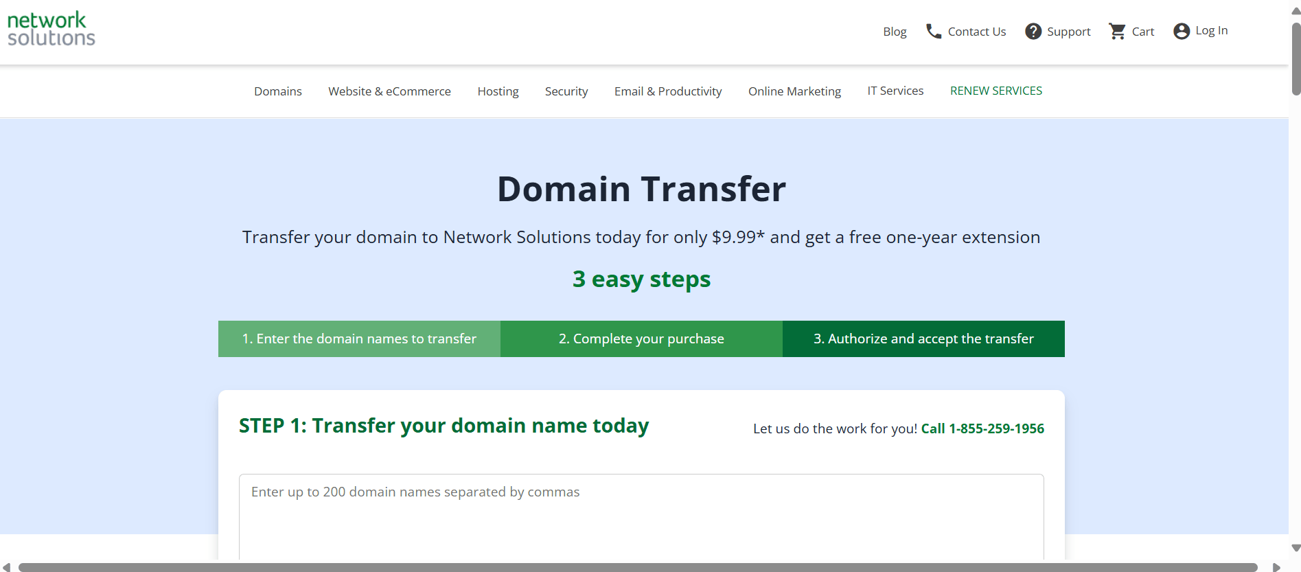 screenshot of Network Solutions' Domain Transfer page