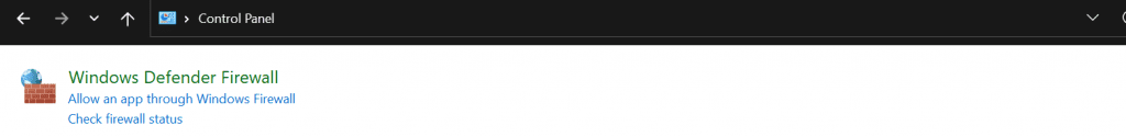 Windows Defender firewall via Control Panel