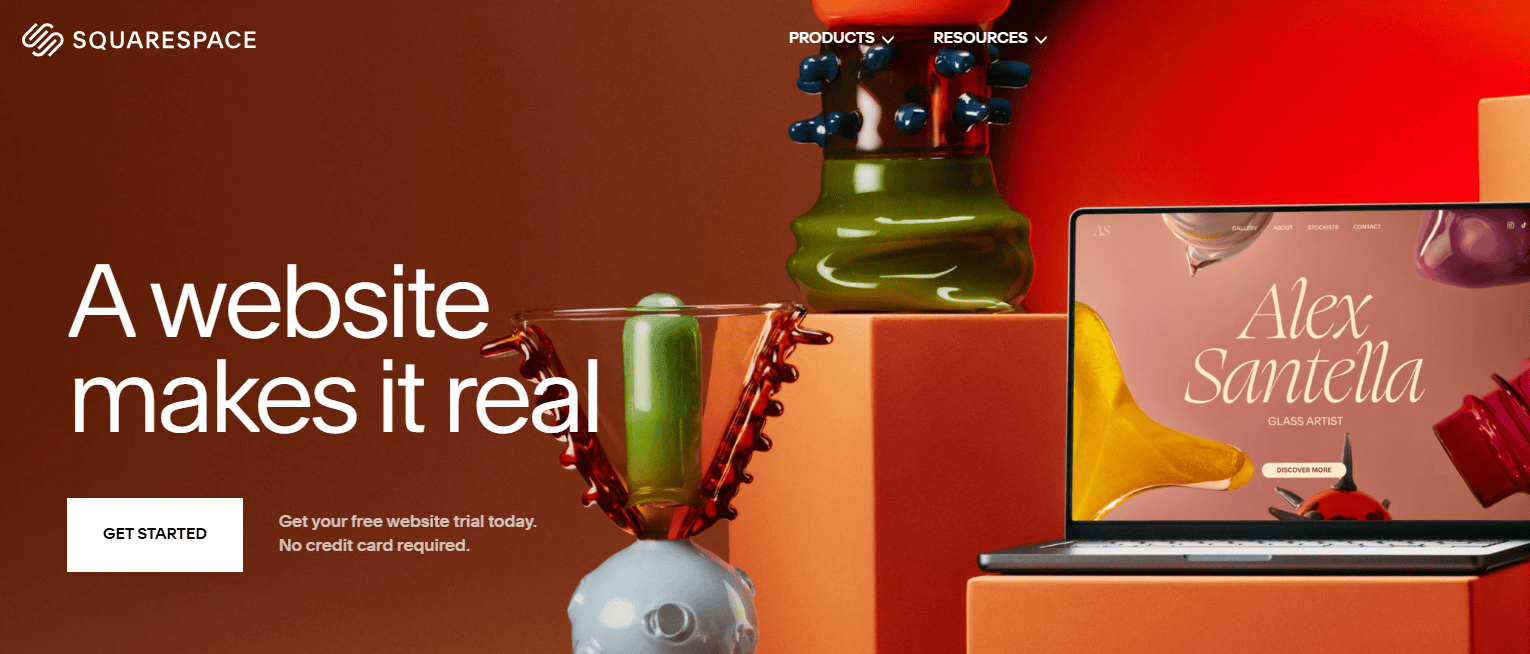 Squarespace homepage showing website builder ad with ‘A website makes it real’ tagline and free trial offer.