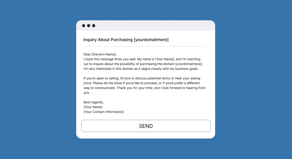 Sample email showing how to ask a domain owner if they're open to selling the domain. 