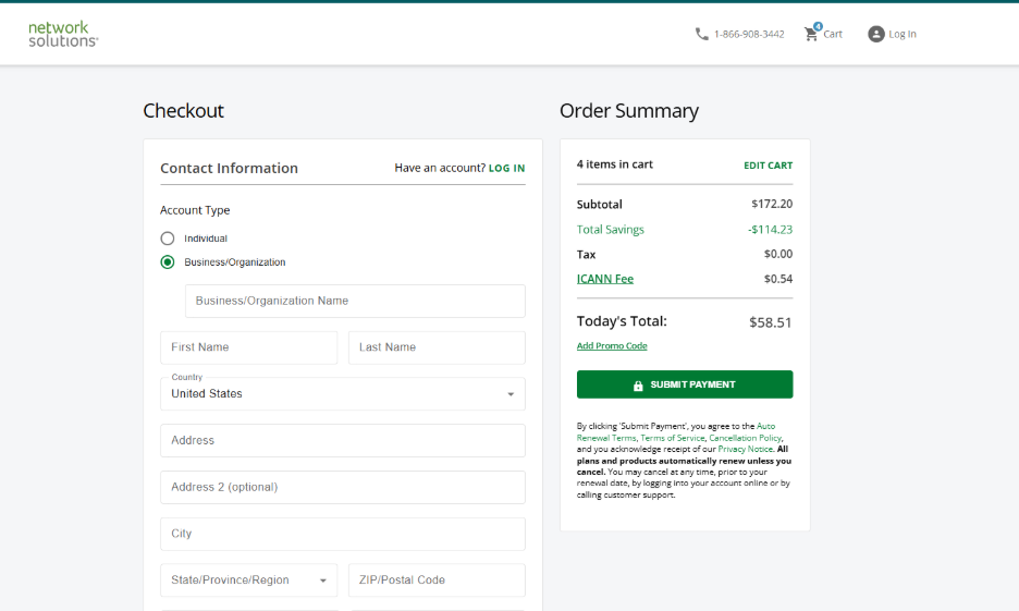 Network Solutions Domain Checkout Page Screenshot