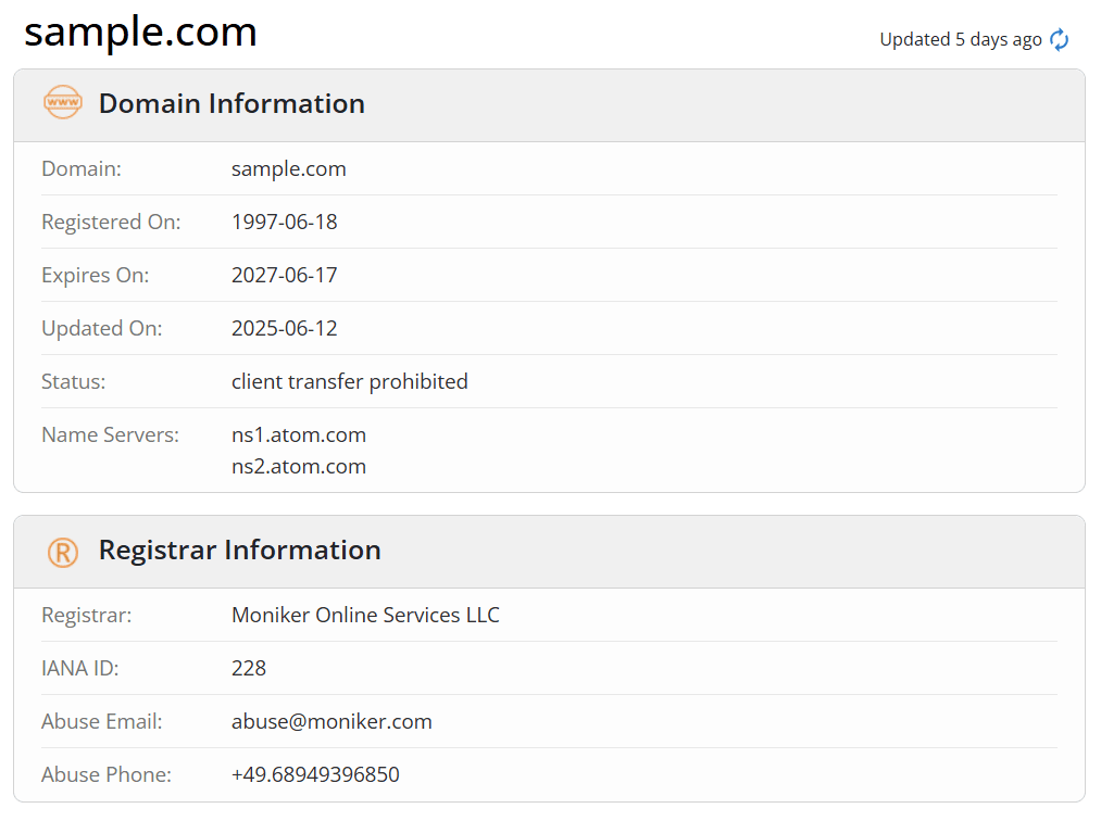 The registrar and domain information of sample.com from WHOIS