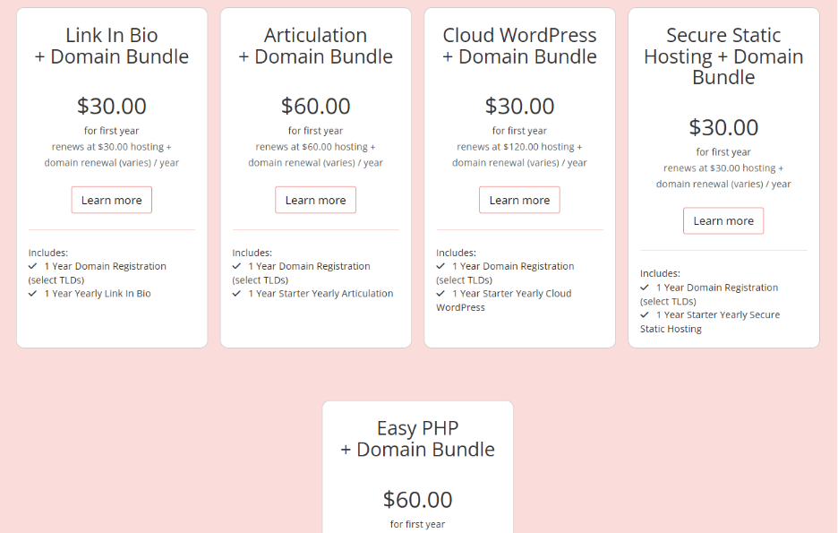 A screenshot of Porkbun's domain and hosting bundles