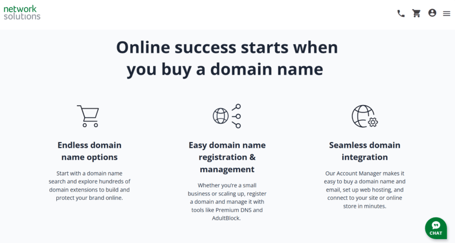 A screenshot of Network Solutions' Domains page