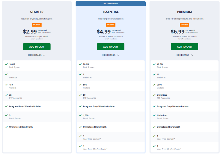 A screenshot of Network Solutions' plans