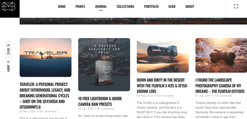 Bryan Minear's blog page, labeled 'Journal', with articles on photography techniques and his personal journey through fatherhood.