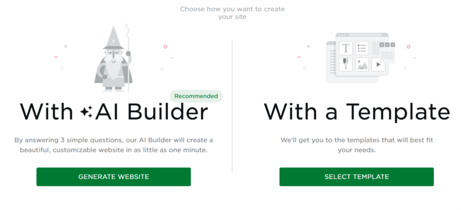 An image showing the option to choose between Network Solutions AI builder or template to create a website. Underneath the builder, it mentions all it needs is the answer to 3 questions for it to come up with a customizable website.