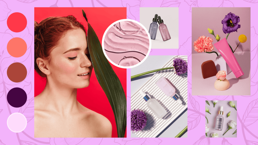 A mood board for a fragrance brand. The left side has a textural collage with rich, earthy tones like maroon, red, purple, and brown, along with touches of white. The right side shows a woman's profile, elegant fragrance bottles, and vibrant purple flowers.