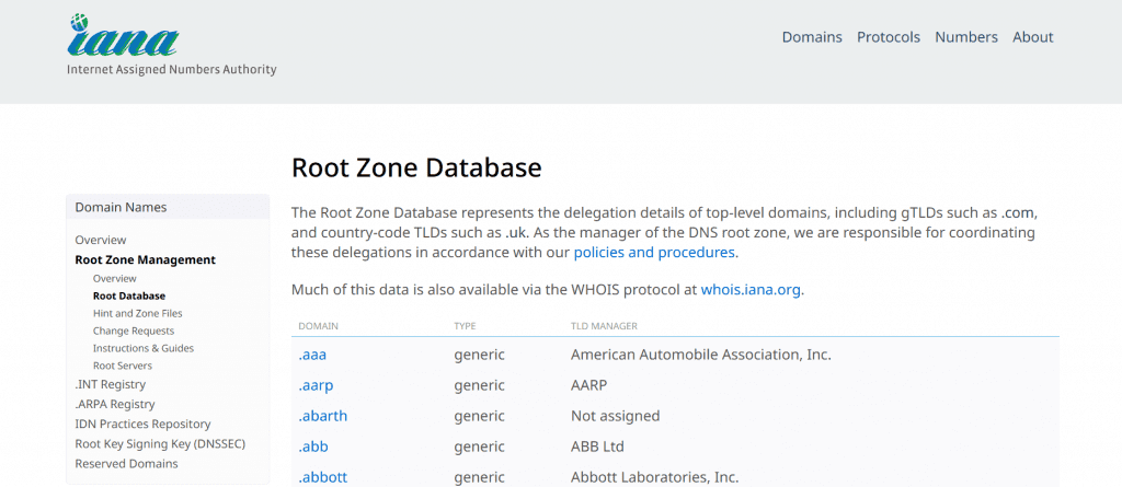 IANA Root Zone Database front page