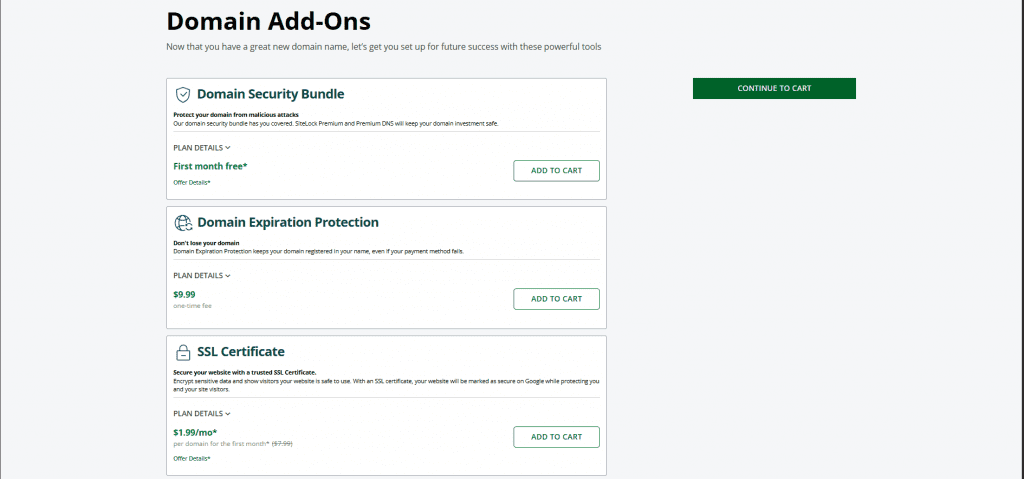 Domain Add-Ons page