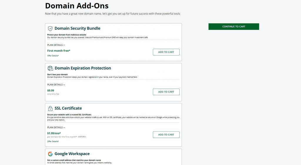 Domain add-ons page