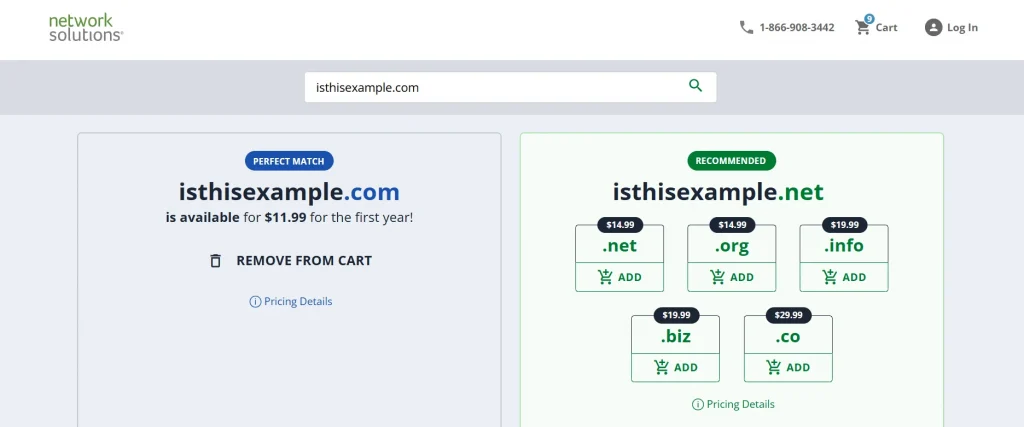 A snapshot of Network Solutions' Domain Name Search Tool