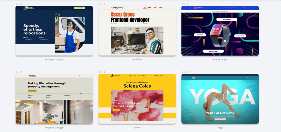 A screenshot from Network Solutions' website, showcasing various website templates.