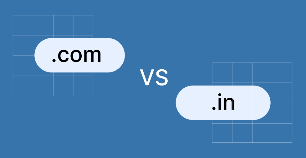 The .com and .in domain extensions in front of a blue background.