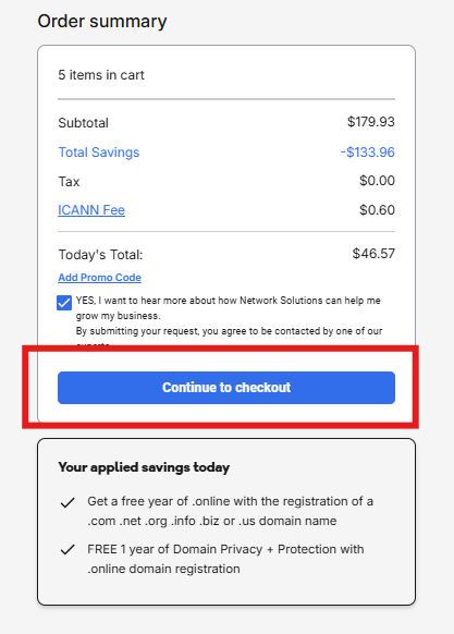 Network Solutions shopping cart summary