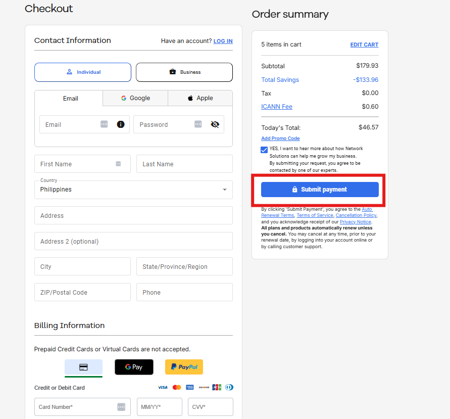 Network Solutions checkout page