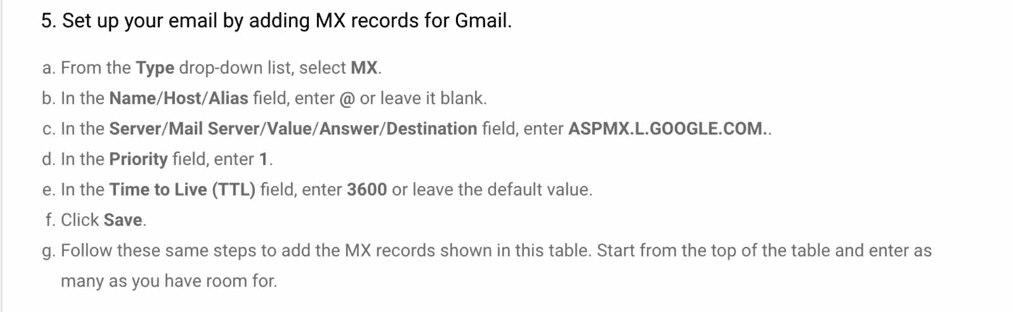 The recommended MX settings found on Google Workspace