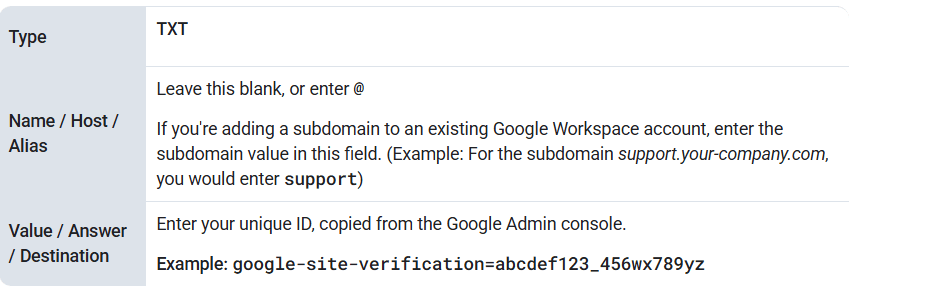 An example of Google's recommended TXT value