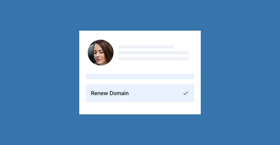 A sample domain renewal section in front of a blue background.
