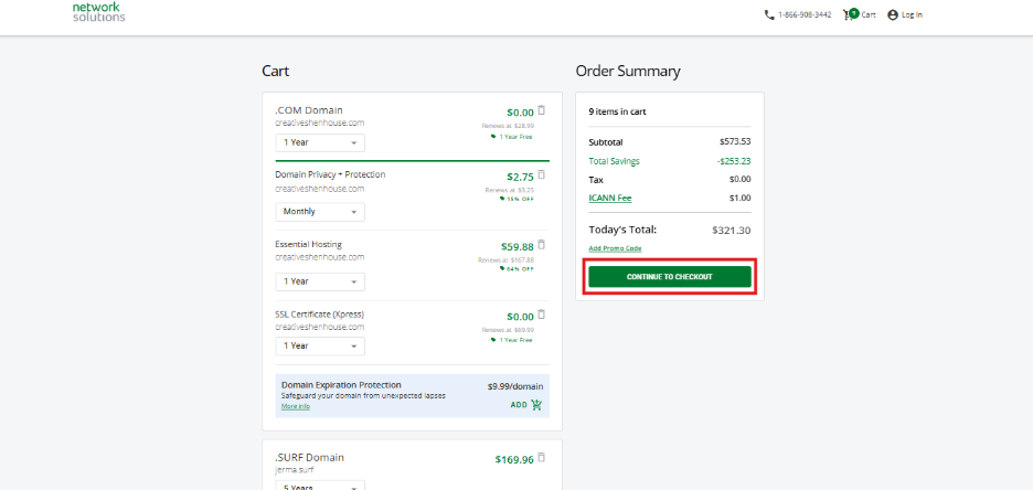 Network Solutions Cart and Order Summary page