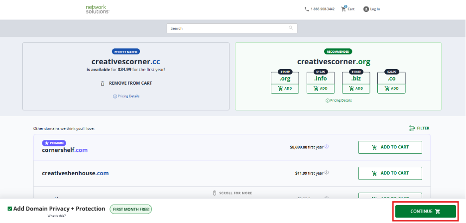 Network Solutions domain search results page
