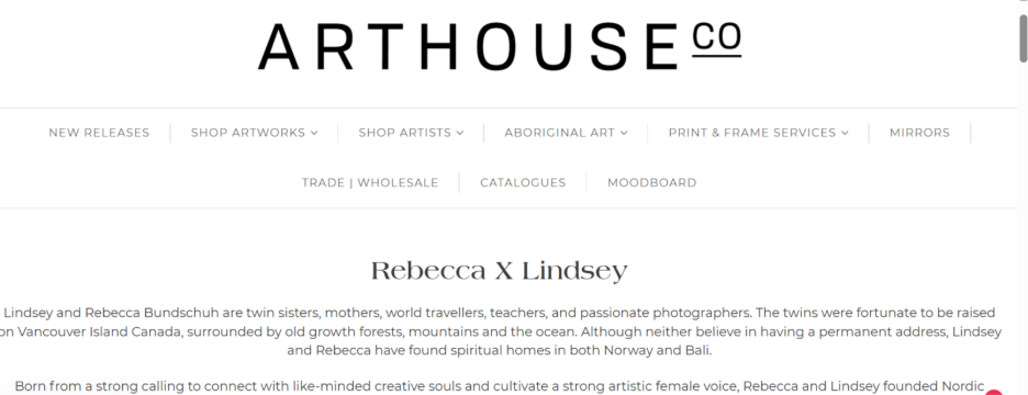 A screenshot of the arthouse.co homepage, showing the unique gallery name 'Aboriginal art' listed alongside sections for products and services.
