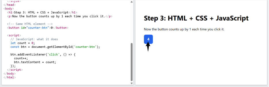 HTML, CSS and Javascript code sample with button functionality