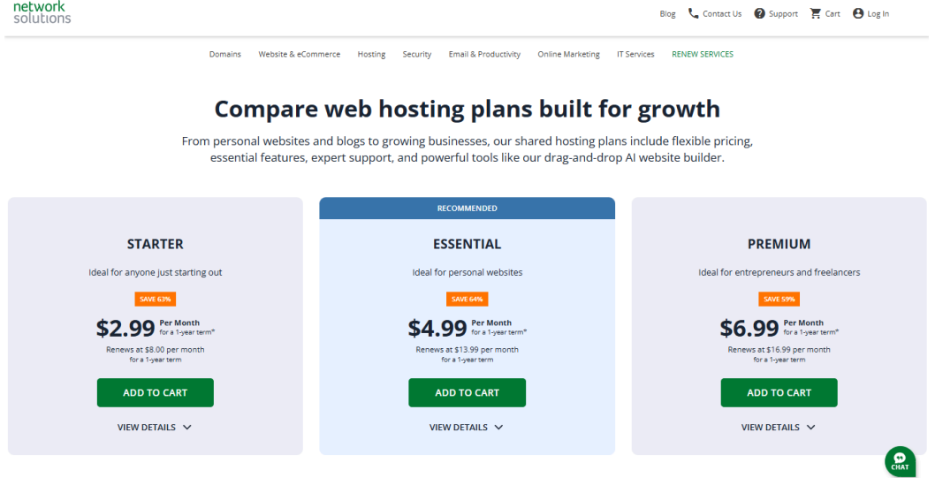 Network Solutions Web hosting plans and pricing page