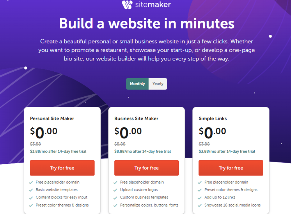 Namecheap website builder plans and pricing page