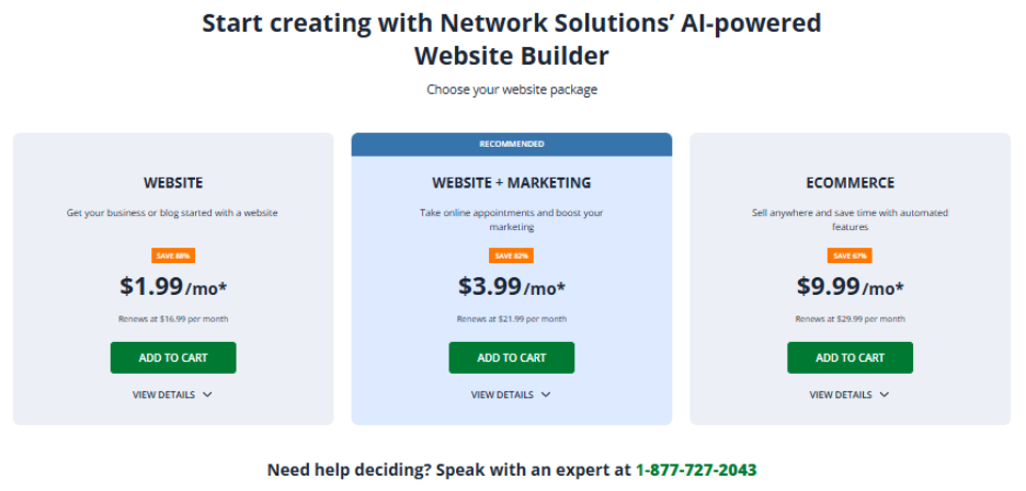Network Solutions website builder plans and pricing Page