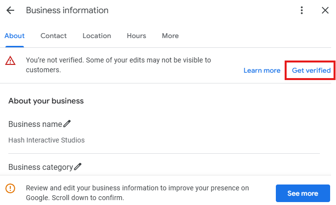 Google Business information dashboard displaying business details and analytics for user management.