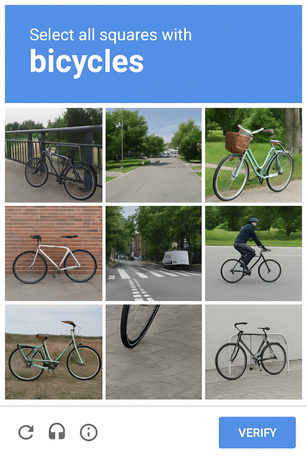 A sample of the reCAPTCHA test where you have to select all images that show bicycles. 