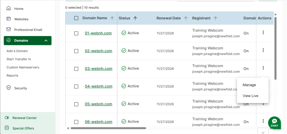 Selecting the domain to renew within Network Solutions' account management software.