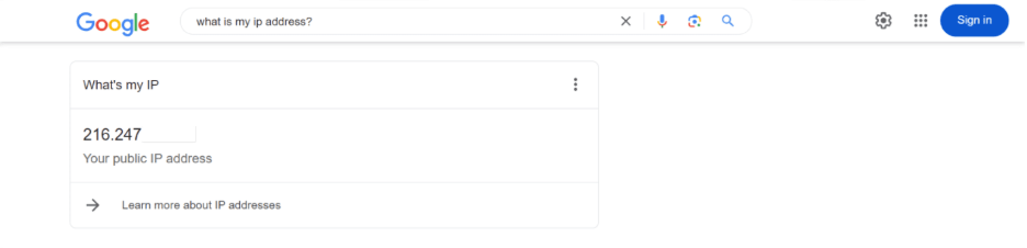A snapshot of Google's search results showing a user's public IP address
