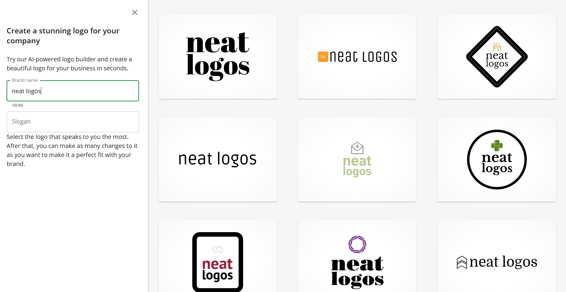 Dashboard of Network Solutions' Logo Builder. Logos automatically created by AI using just the brand's name.
