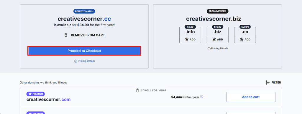 Selecting your desired domain name and proceeding to checkout.