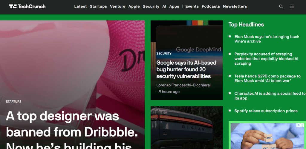 homepage of tech crunch blog