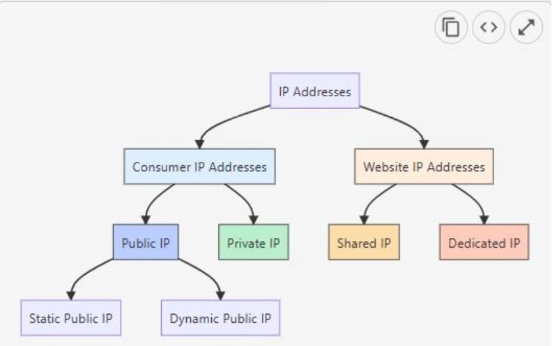 A diagram showing the classifications of certain elements under IP addresses