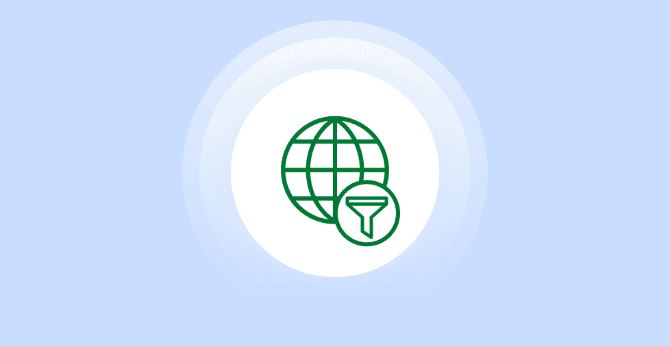 A globe icon with a small filter icon below, against a white sphere