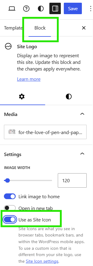 adding favicon on wordpress block editor use as a site logo