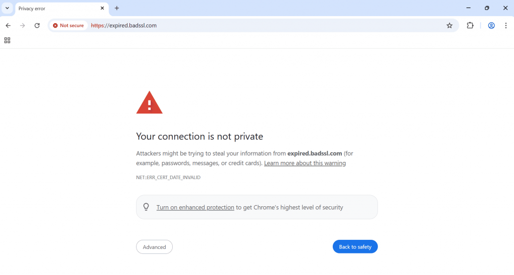 A screen showing, "Your connection is not private."