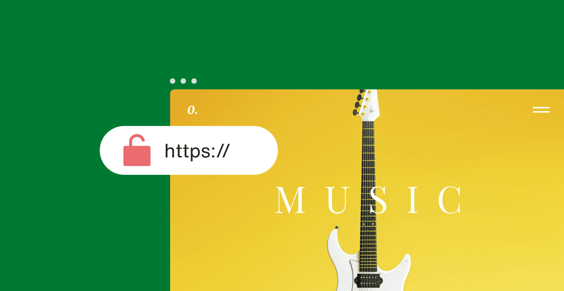 Homepage screen showing an unlocked padlock beside “https://” against a green background, symbolizing the warning message “your connection is not private”