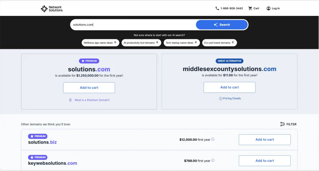 Network Solutions' premium domains search results and pricing