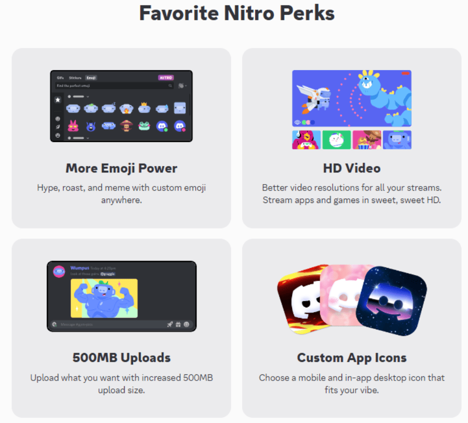 The image shows the Discord Nitro perks, with four boxes for More Emoji power, HD Video, 500 MBps uploads, and Custom App Icons, each with a visual example.
