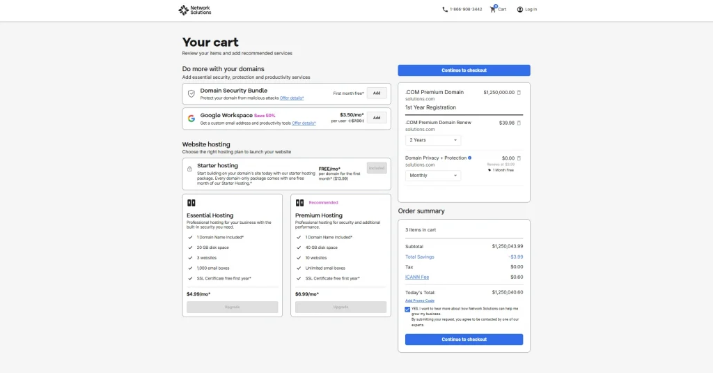 Network Solutions cart, hosting services, and total costs