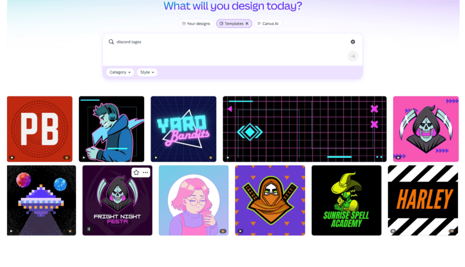 A screenshot of Canva's Discord logo templates, showing a variety of animated and static designs as well as some potential banners.