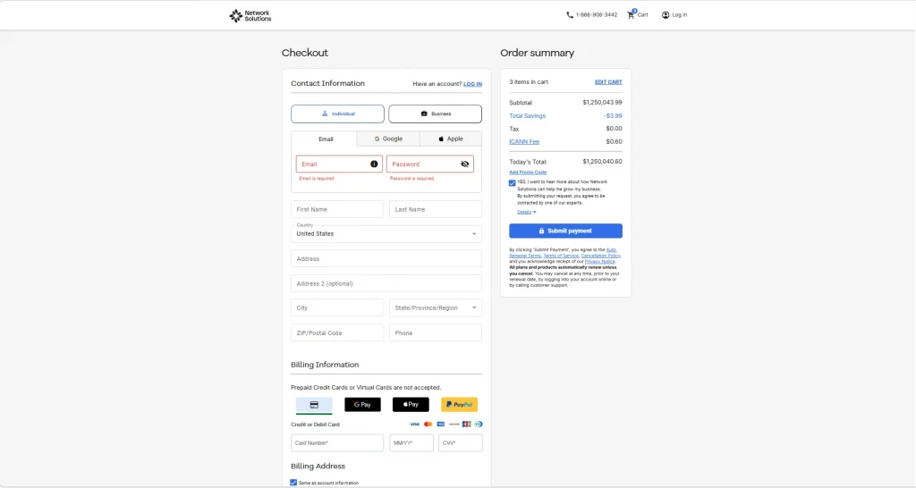 Network Solutions checkout page for billing and contact information