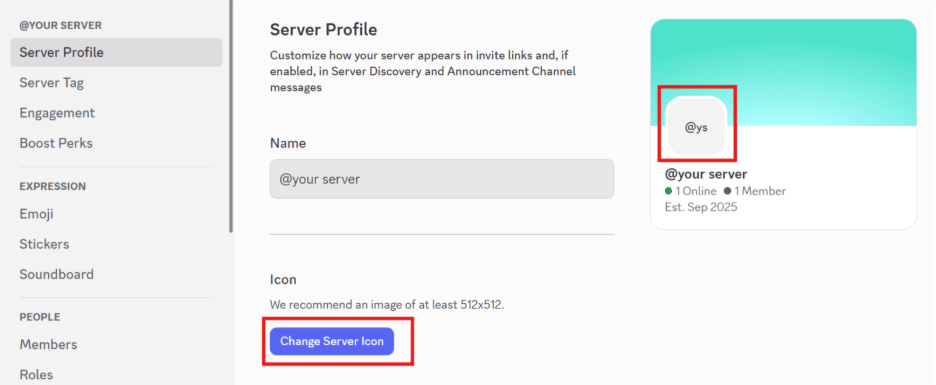 A screenshot of the Discord server settings page. The server's current logo and the "Change Server Icon" button are highlighted in red as two options for changing the Discord logo.